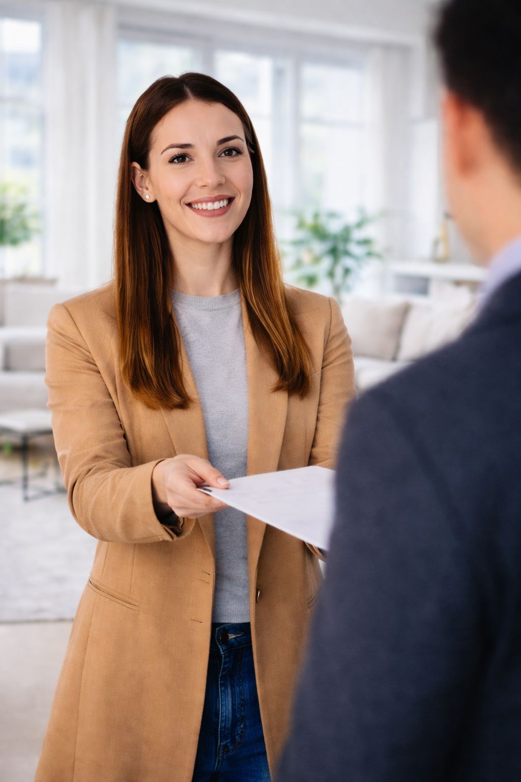 Bonitätsprüfung 1 Eine Frau übergibt dem Vermieter Ihre Bonitätsauskunft bei Ihrer Wohnungsbewerbung